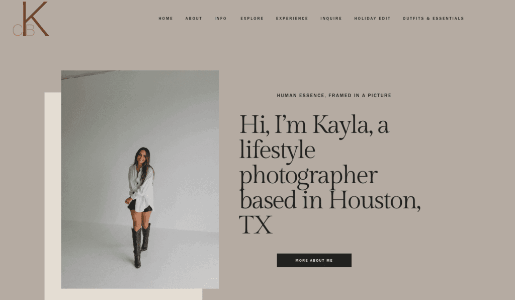 Best photographers in houston an image of Kayla on the homepage of a website